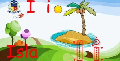 Vocal i Ilustración de la letra I con la palabra ‘Isla’ y dibujo de una isla
